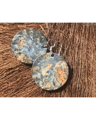 Boucles d'oreille disque en LOUPE DE FRÊNE stabilisé bleu  / 19