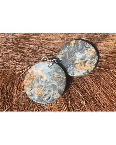 Boucles d'oreille disque en LOUPE DE FRÊNE stabilisé bleu  / 19