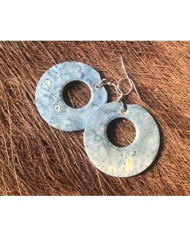 Boucles d'oreille disque en LOUPE D'ÉRABLE stabilisé bleu  / 21