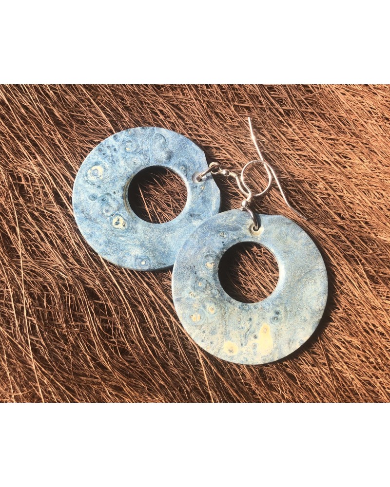 Boucles d'oreille disque en LOUPE D'ÉRABLE stabilisé bleu  / 21 Boucles d'oreille disque en LOUPE D'ÉRABLE stabilisé bleu  / 21