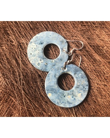 Boucles d'oreille disque en LOUPE D'ÉRABLE stabilisé bleu  / 21 Boucles d'oreille disque en LOUPE D'ÉRABLE stabilisé bleu  / 21