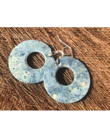 Boucles d'oreille disque en LOUPE D'ÉRABLE stabilisé bleu  / 21 Boucles d'oreille disque en LOUPE D'ÉRABLE stabilisé bleu  / 21
