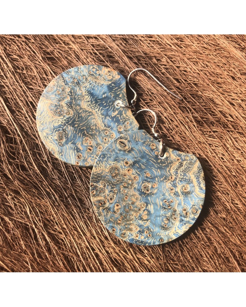 Boucles d'oreille disque en LOUPE DE FRÊNE stabilisé bleu  / 29 Boucles d'oreille disque en LOUPE DE FRÊNE stabilisé bleu  / 29