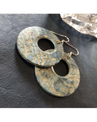 Boucles d'oreille disque en LOUPE DE FRÊNE stabilisé bleu  / 37