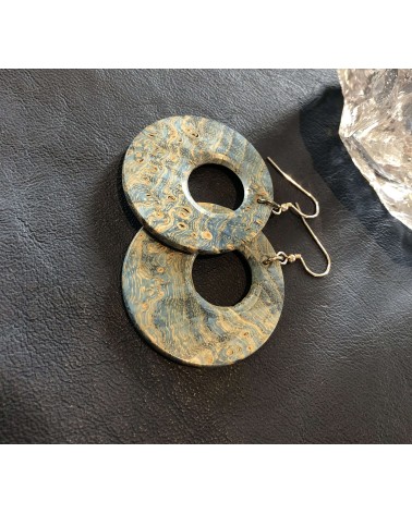 Boucles d'oreille disque en LOUPE DE FRÊNE stabilisé bleu  / 37 Boucles d'oreille disque en LOUPE DE FRÊNE stabilisé bleu  / 37