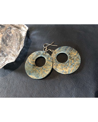 Boucles d'oreille disque en LOUPE DE FRÊNE stabilisé bleu  / 37 Boucles d'oreille disque en LOUPE DE FRÊNE stabilisé bleu  / 37