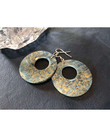 Boucles d'oreille disque en LOUPE DE FRÊNE stabilisé bleu  / 37