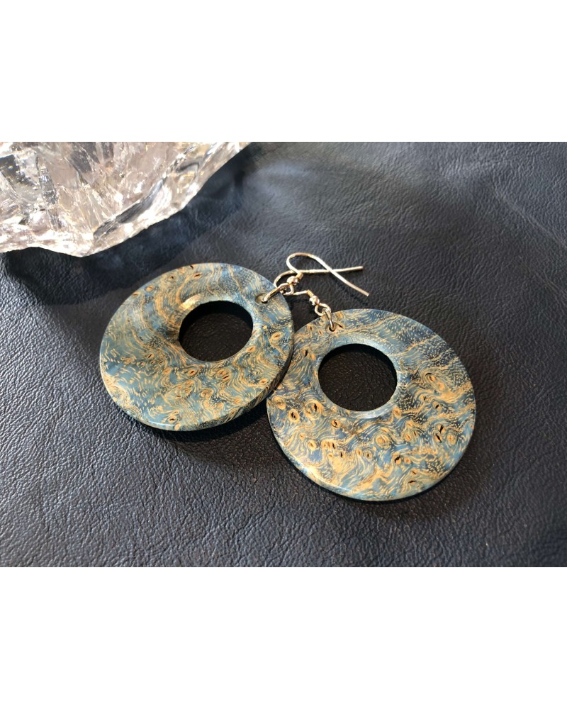 Boucles d'oreille disque en LOUPE DE FRÊNE stabilisé bleu  / 37 Boucles d'oreille disque en LOUPE DE FRÊNE stabilisé bleu  / 37